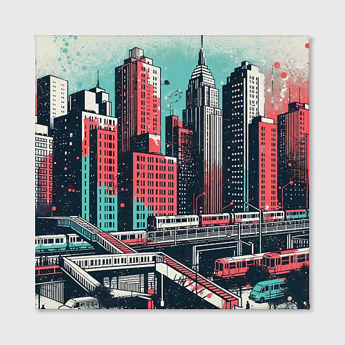 Картина квадратная Силуэты небоскребов в брызгах красной и голубой кр / 3D-принт – фото 2