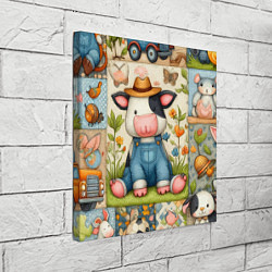 Холст квадратный Прикольный телёнок и его друзья - пэчворк, цвет: 3D-принт — фото 2