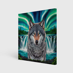 Холст квадратный Серый волк стоящий перед водопадом под северным си, цвет: 3D-принт