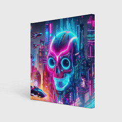 Картина квадратная Neon skull in metropolis - future