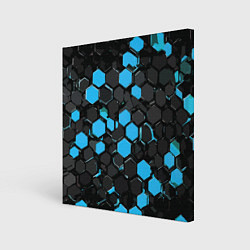 Холст квадратный Сине-серые шестиугольники на чёрном фоне, цвет: 3D-принт