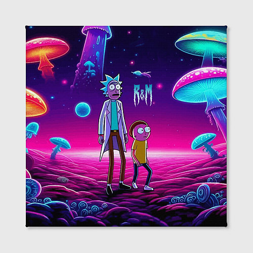 Картина квадратная Морти и Рик на планете неоновых сказочных грибов / 3D-принт – фото 2