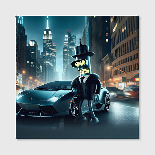 Картина квадратная Бендер рядом с Ламборджини - неоновый Нью-Йорк / 3D-принт – фото 2