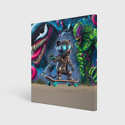 Холст квадратный Пантерёнок крутой скейтбордист на фоне граффити, цвет: 3D-принт