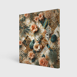 Картина квадратная Цветы на кусках мрамора и леопардовом узоре
