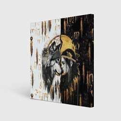 Холст квадратный Волк и девушка индеец как инь янь, цвет: 3D-принт