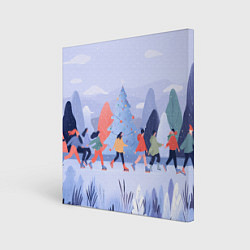 Холст квадратный Каток на фоне елок, цвет: 3D-принт
