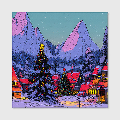 Картина квадратная Новогодние елки в горном городке / 3D-принт – фото 2