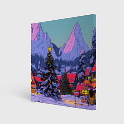 Холст квадратный Новогодние елки в горном городке, цвет: 3D-принт