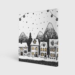 Холст квадратный Черно-белый новогодний город, цвет: 3D-принт