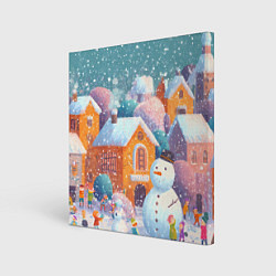 Холст квадратный Дети во дворе лепят снеговика, цвет: 3D-принт