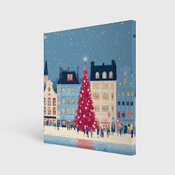 Холст квадратный Новогоднее гуляние у красной елки, цвет: 3D-принт