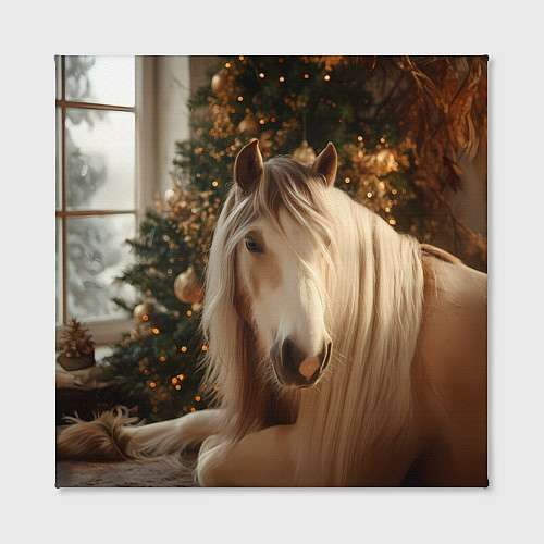 Картина квадратная Белая лошадка лежит у новогодней елки / 3D-принт – фото 2