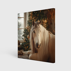 Холст квадратный Белая лошадка лежит у новогодней елки, цвет: 3D-принт