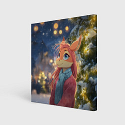 Холст квадратный Рыжая лошадка на фоне Нового года, цвет: 3D-принт