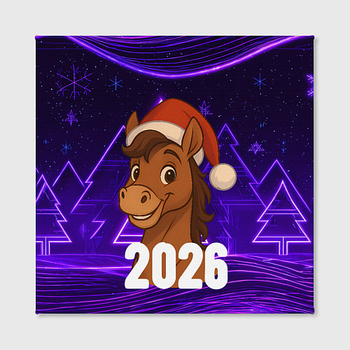 Картина квадратная 2026 новогодняя лошадка на фоне фиолетовых елок / 3D-принт – фото 2