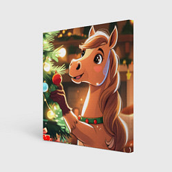 Холст квадратный Лошадка наряжает елку, цвет: 3D-принт