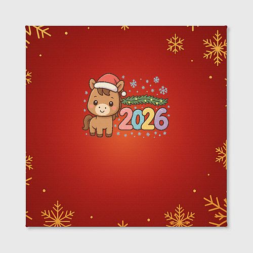 Картина квадратная Новогодняя лошадка 2026 на красном фоне / 3D-принт – фото 2