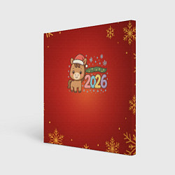 Холст квадратный Новогодняя лошадка 2026 на красном фоне, цвет: 3D-принт