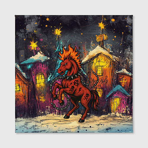 Картина квадратная Красная огненная лошадь панк в городе / 3D-принт – фото 2