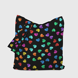 Сумка-шопер Сердечки разноцветные на черном, цвет: 3D-принт
