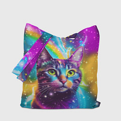 Сумка-шопер Полосатый кот с разноцветной звездной туманностью, цвет: 3D-принт