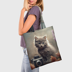 Сумка-шопер Серый котенок, винтажное фото, цвет: 3D-принт — фото 2