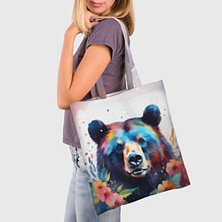 Сумка-шопер Портрет медведя гризли с цветами акварелью, цвет: 3D-принт — фото 2