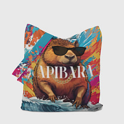 Сумка-шопер Капибара в очках на красочных волнах, цвет: 3D-принт