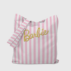 Сумка-шопер Barbie - золотая надпись и бело-розовые полосы, цвет: 3D-принт
