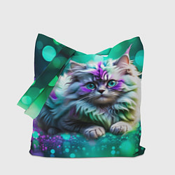 Сумка-шоппер Пушистый котенок в бирюзово фиолетовом боке