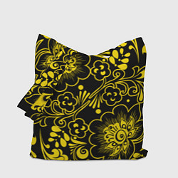 Сумка-шопер Хохломская роспись золотые цветы на чёроном фоне, цвет: 3D-принт