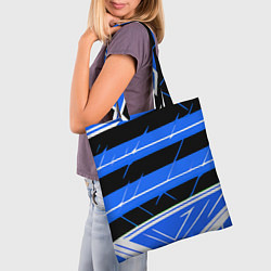 Сумка-шопер Чёрно-белые полосы на синем фоне, цвет: 3D-принт — фото 2