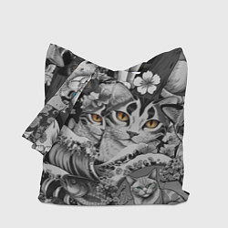 Сумка-шопер С котами и рыбой на фоне сакуры в волнах, цвет: 3D-принт