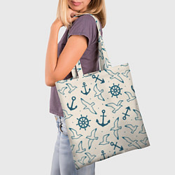 Сумка-шопер Морской паттерн из штурвалов, чаек и якорей, цвет: 3D-принт — фото 2