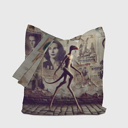 Сумка-шопер Пришелец идёт вдоль стены с рваными афишами, цвет: 3D-принт