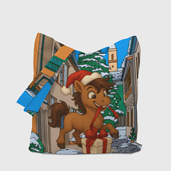 Сумка-шопер Лошадка распаковывает новогодний подарок, цвет: 3D-принт