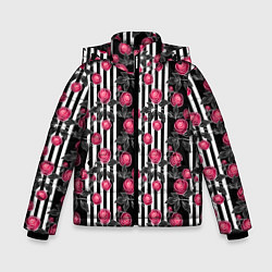 Куртка зимняя для мальчика Акварельные розы на полосатом, цвет: 3D-черный