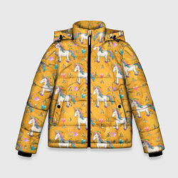 Куртка зимняя для мальчика Единороги на желтом фоне, цвет: 3D-красный