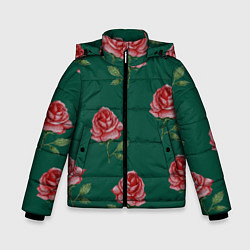 Куртка зимняя для мальчика Ярко красные розы на темно-зеленом фоне, цвет: 3D-светло-серый