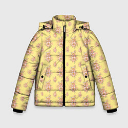 Куртка зимняя для мальчика Розовые пионы на желтом фоне, цвет: 3D-черный