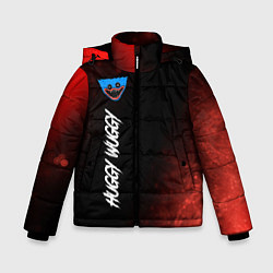 Куртка зимняя для мальчика Надпись и лицо Huggy Wuggy на темном фоне с огнем, цвет: 3D-черный