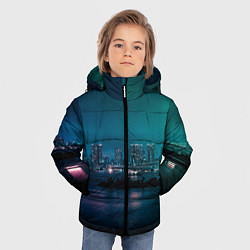 Куртка зимняя для мальчика Неоновый город с рекой - Светло-зелёный, цвет: 3D-черный — фото 2