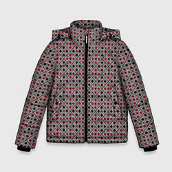 Куртка зимняя для мальчика Красный, черный квадраты на гранжевом сером, цвет: 3D-красный