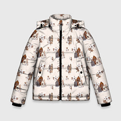 Куртка зимняя для мальчика Хюгге паттерн с домиками и цветами хлопка, цвет: 3D-светло-серый