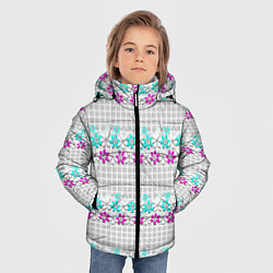 Куртка зимняя для мальчика Цветочный узор бирюзово-розовый на сером клетчатом, цвет: 3D-красный — фото 2