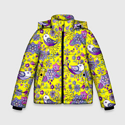 Куртка зимняя для мальчика Птички и цветы на желтом, цвет: 3D-светло-серый
