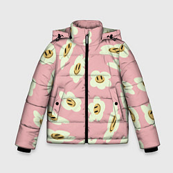 Куртка зимняя для мальчика Искаженные смайлы-цветы на розовом паттер, цвет: 3D-черный