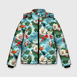 Куртка зимняя для мальчика Белые гавайские цветы, цвет: 3D-красный
