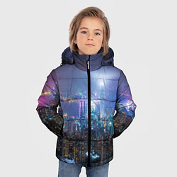Куртка зимняя для мальчика Большой город в розово-голубых огнях, цвет: 3D-черный — фото 2